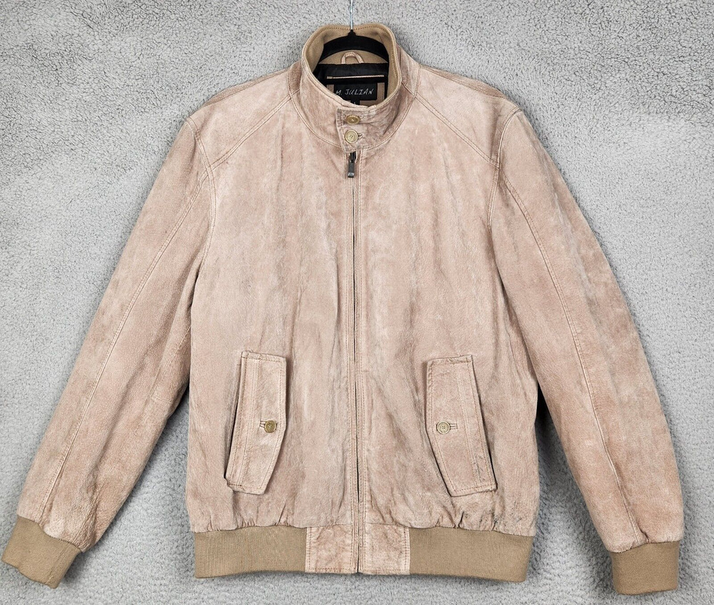 M JULIAN Jacket Mens Large Beige Full Zip Snap Pockets Lined Leather Bomber